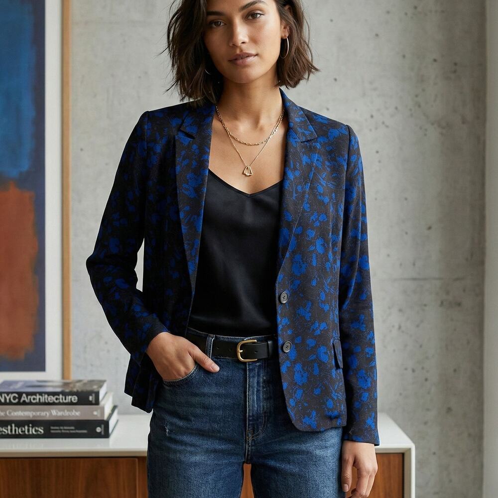 DEREK LAM 10 Crosby Silk Blazer Jacket Black Blue Floral Print size 6